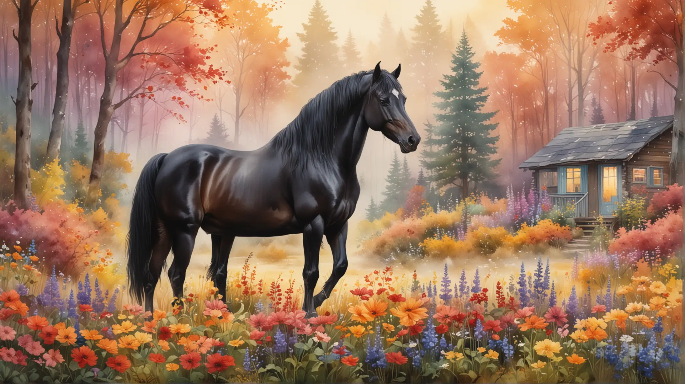 A strong black stallion, standing on hind legs, in a beautiful sunkissed forest, during the fall, surrounded by gorgeous colorful flowers, a cozy cabin sits in the background surrounded by light fog, extremely detailed watercolor style painting 