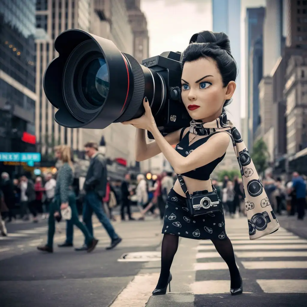 Tiny woman holding large camera with gigantic lens