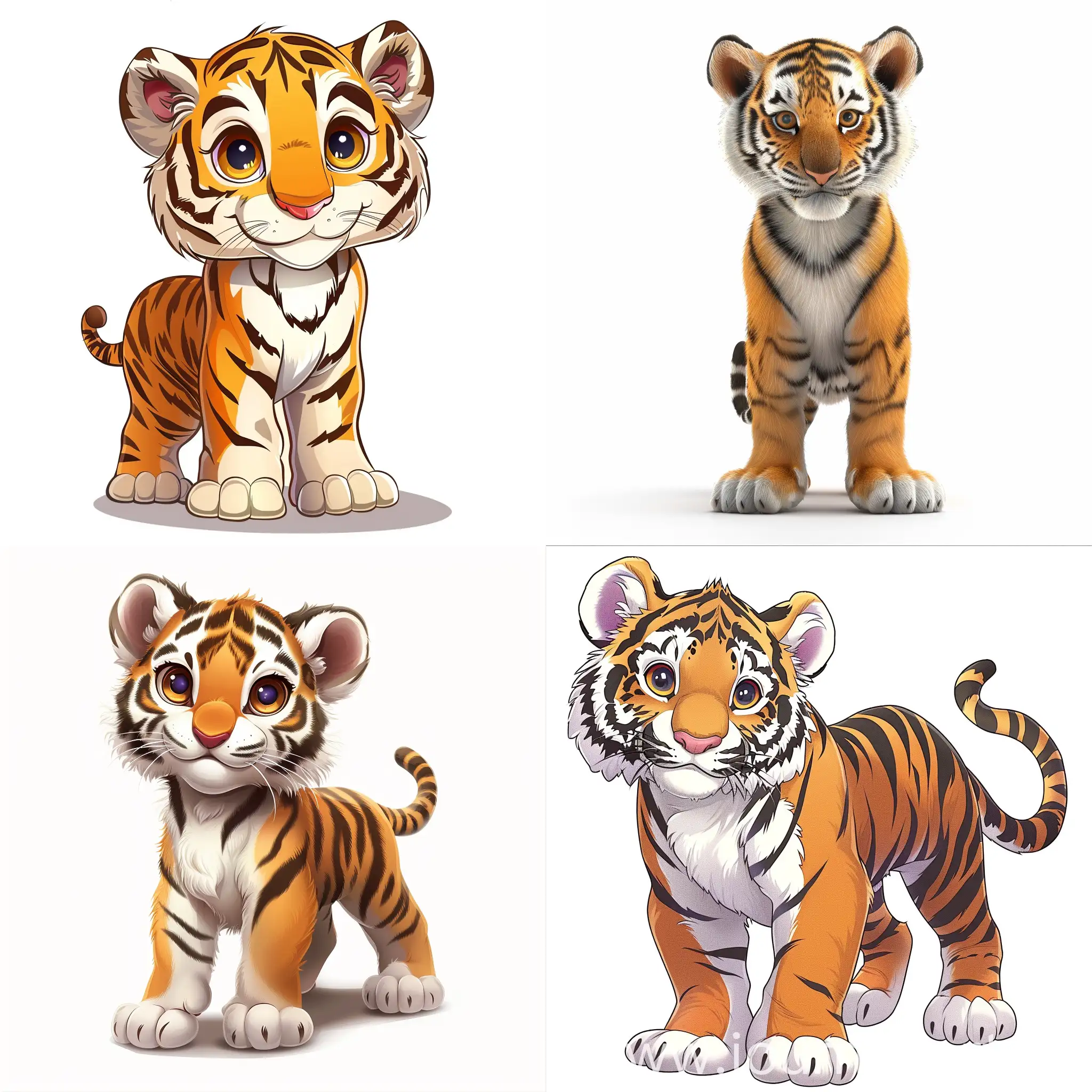 cartoon style, childish style, anthropomorphic tiger cub standing on his feet, front view, white background
