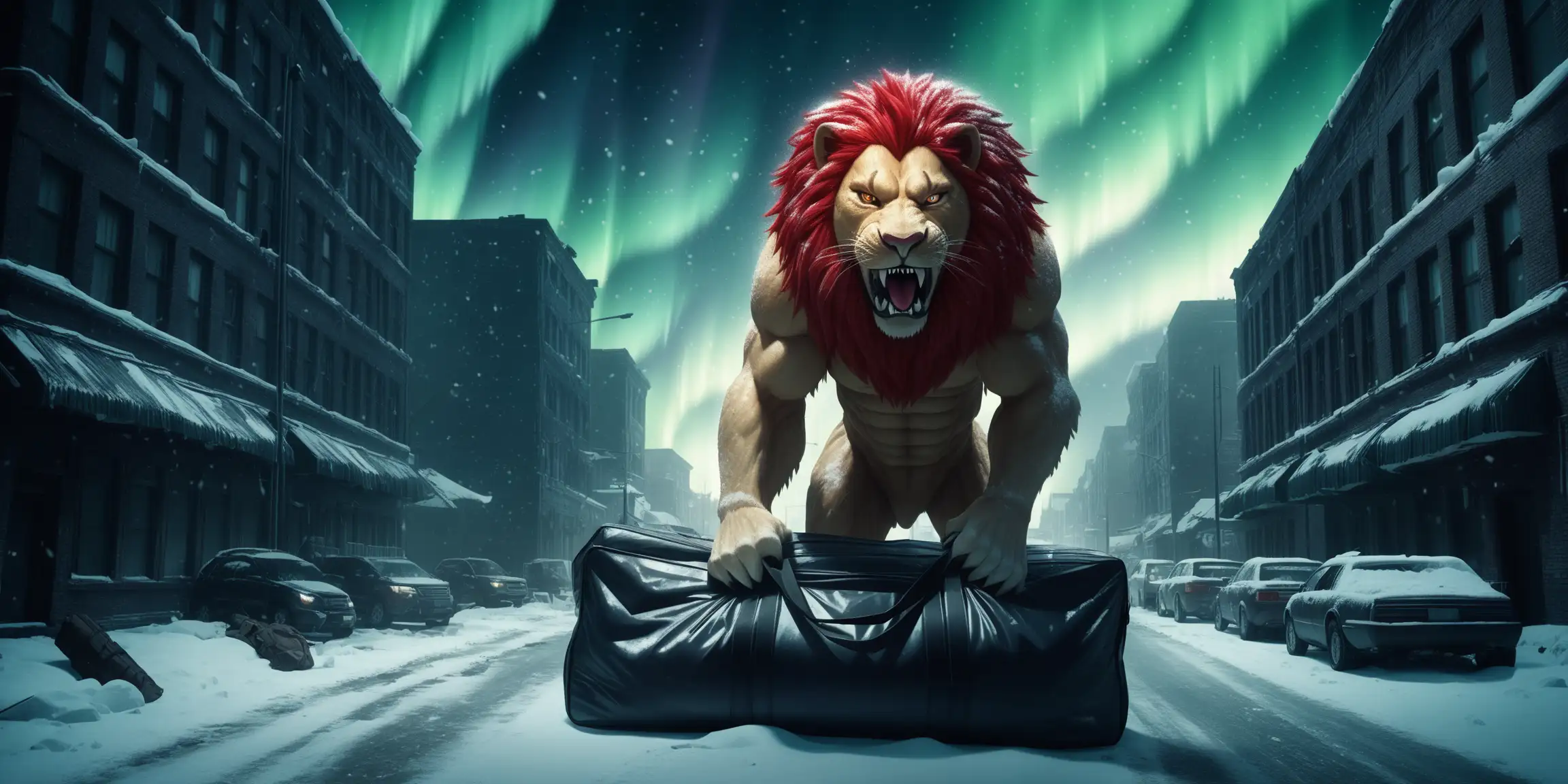 giant red lion holding many large duffle bags of cargo. traveling muscular. aurora. light particles. glowing hair. abandoned city street. cinematic lighting and cinematic shading. snow storm. very long tongue. saber tooth fangs.