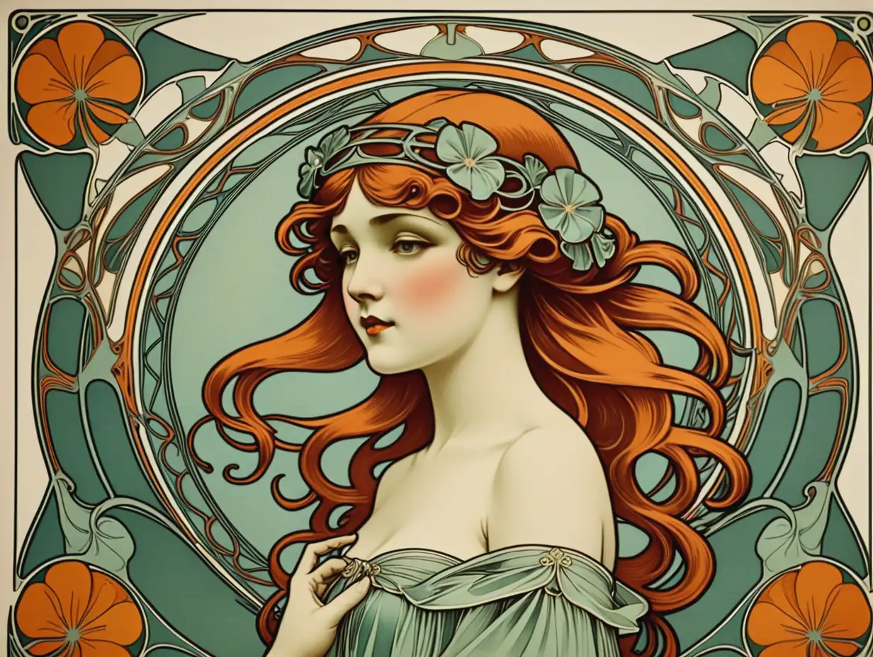Elegant Art Nouveau Print with Floral Motifs and Intricate Lines