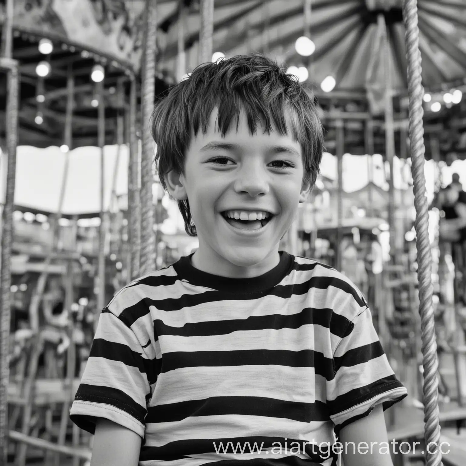 Реальная фотография. Мальчик 10 лет в парке аттракционов катается на высоких каруселях Он смеётся. На нём чёрно-белая полосатая футболка.