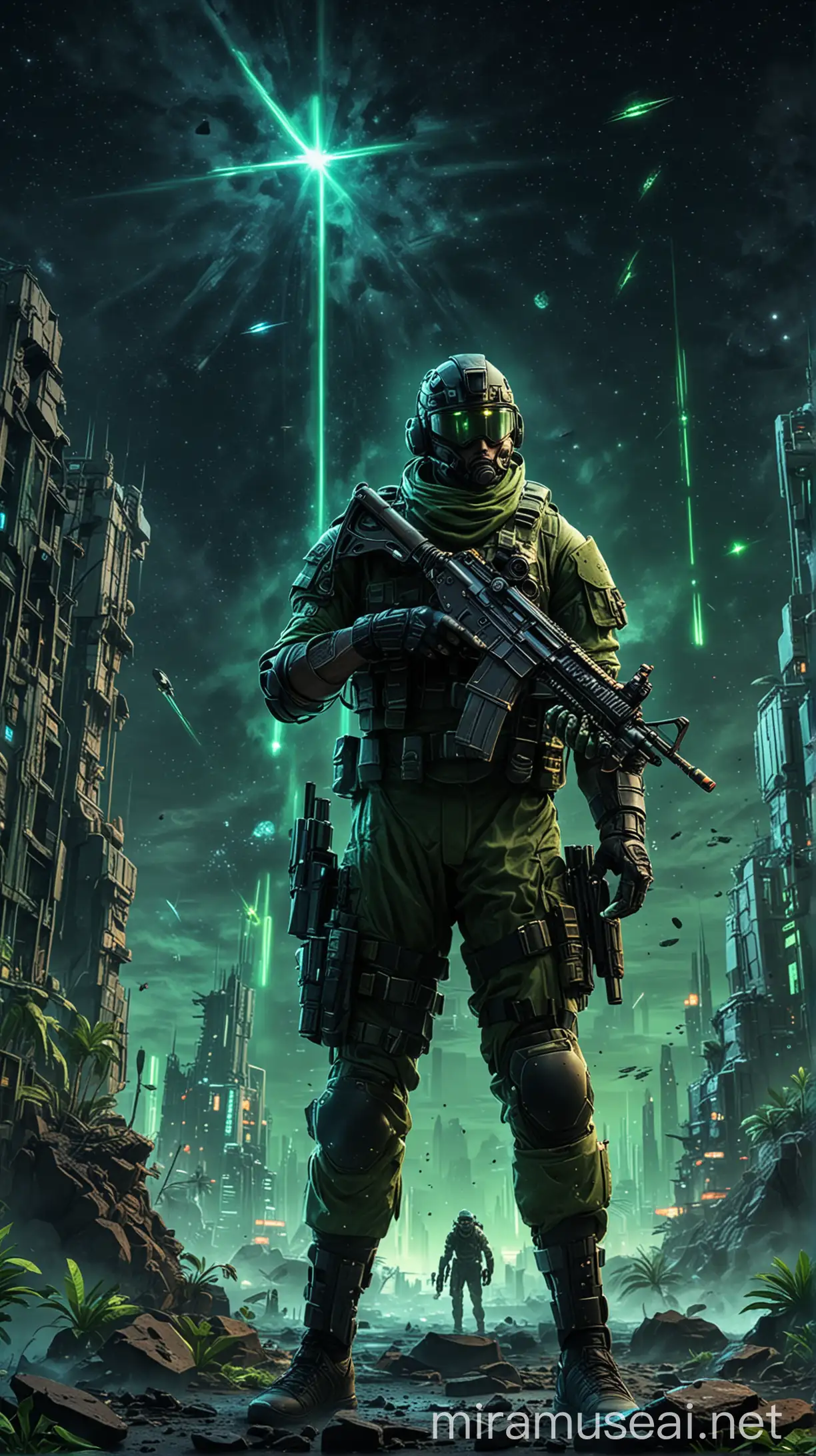 banner for shooter game "shrapnel", time is night, in sky stars and 3 green neon meteors, futuristic city, soldier have green small stone in palm