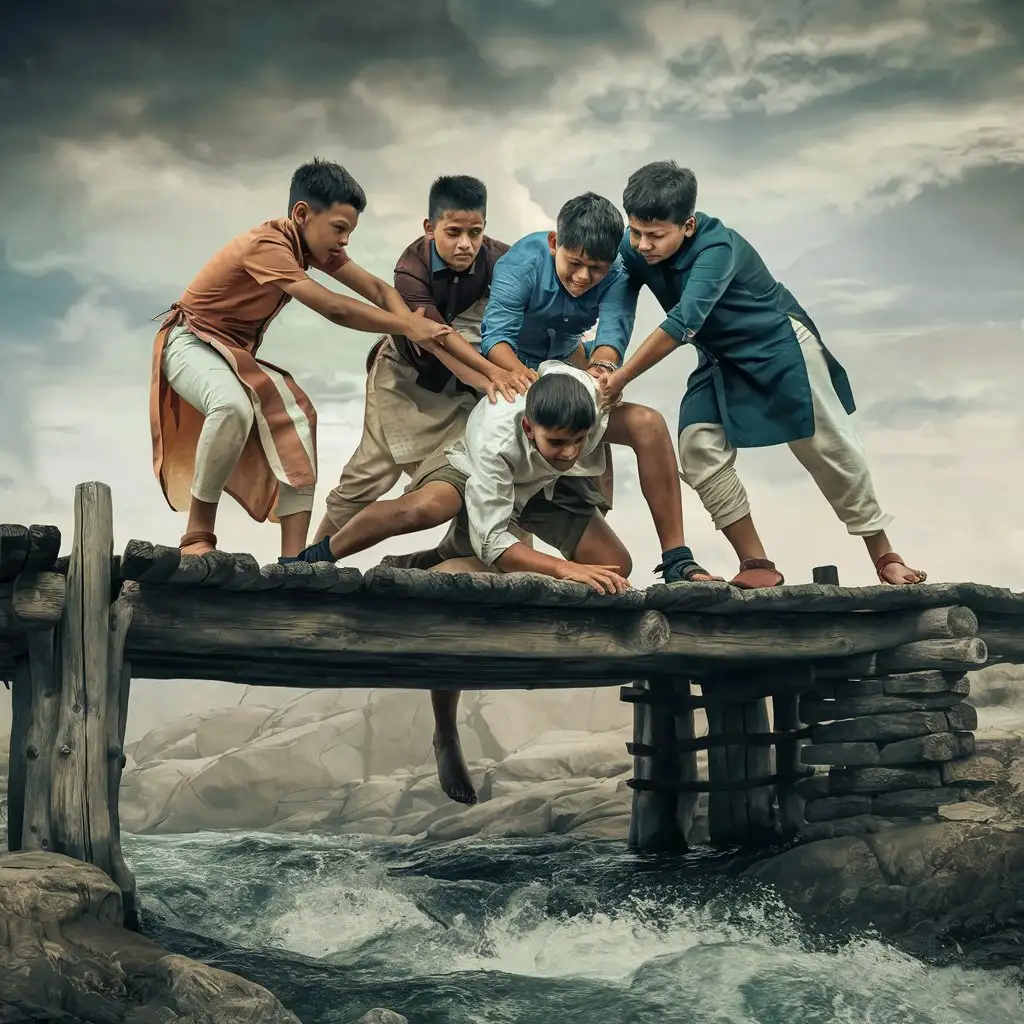 four Indian young boys are throwing a 15 year old Indian boy from the bridge into the river