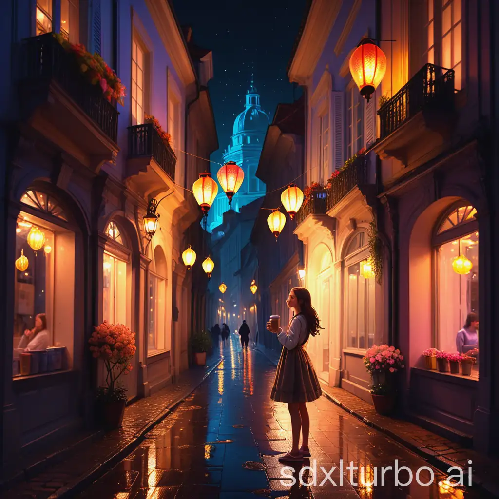 Stroll along the quaint old streets, Young girl holding coffee in hand and sipping it. Baroque buildings and flower windows intersect, Historical stories emerge in the night.  Colorful neon lights flash, Reflections bouncing in puddles on the road. There are strings of lanterns, gentle light and shadow swaying, It seemed to add a dreamy color to the night.  Her smile blooms in the light, My heart is throbbing, and the romance is infinitely extended. In this bustling and quiet street, The girl's thoughts drifted in the wind, as warm as ever.  The aroma of coffee lingers like a dream, The beautiful scenery of the ancient streets is intoxicating. In this charming world, Her youth and love shine in the night.