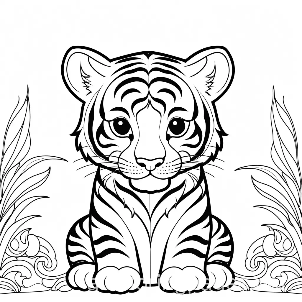 A cute tiger, Coloring Page, black and white, line art, white background, Simplicity, Ample White Space. The background of the coloring page is plain white to make it easy for young children to color within the lines. The outlines of all the subjects are easy to distinguish, making it simple for kids to color without too much difficulty