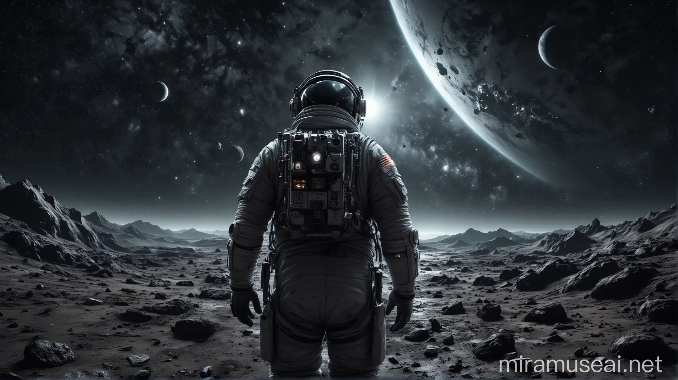 Astronaut on an imaginary planet, picture from behind, Astronaut is far away, stars in dark sky, dead planet, alone, 8k, ultra realistic, highly detailed