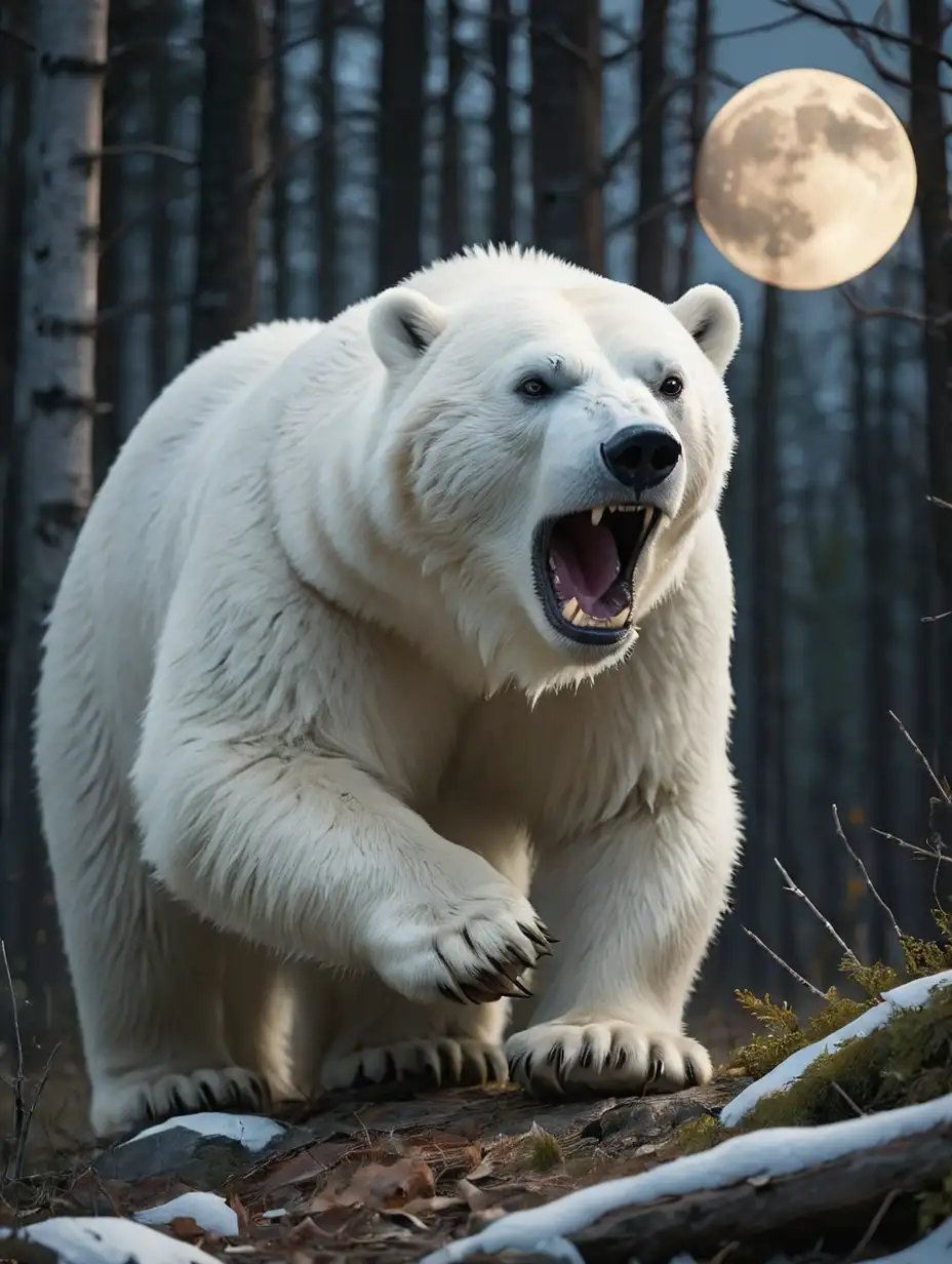 a lone snarling polar bear hunting in the woods at night with a full moon shining down