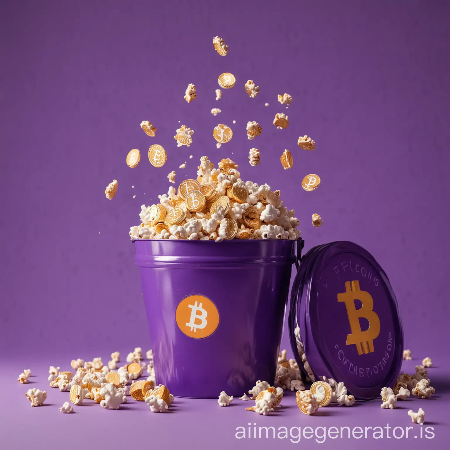 the small and big sizes of bitcoins are inside a popcorn buckets, in purple studio background, som bitcoins are suspended in atmosphere
