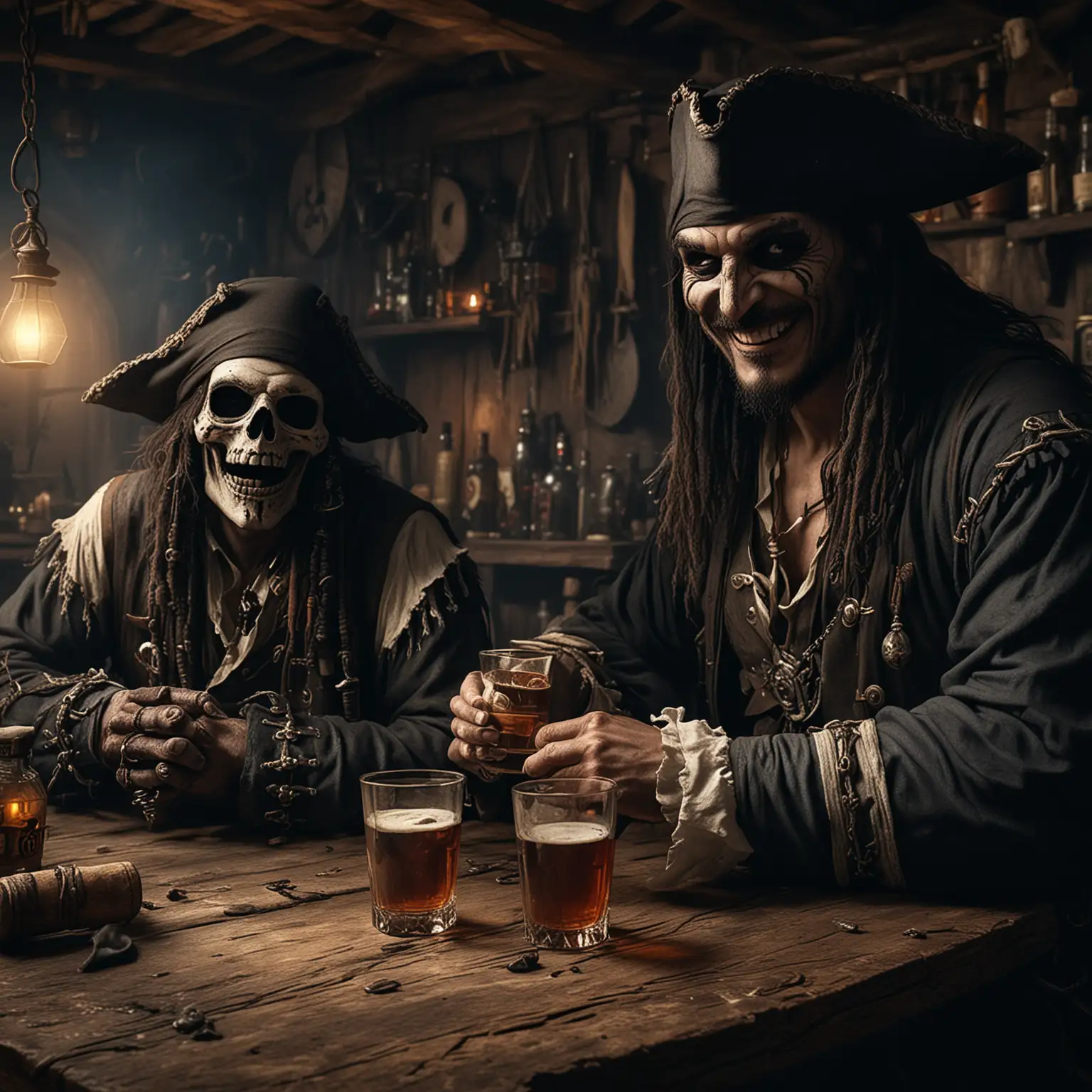 Pirate and Grim Reaper Enjoying Rum in Dimly Lit Medieval Tavern