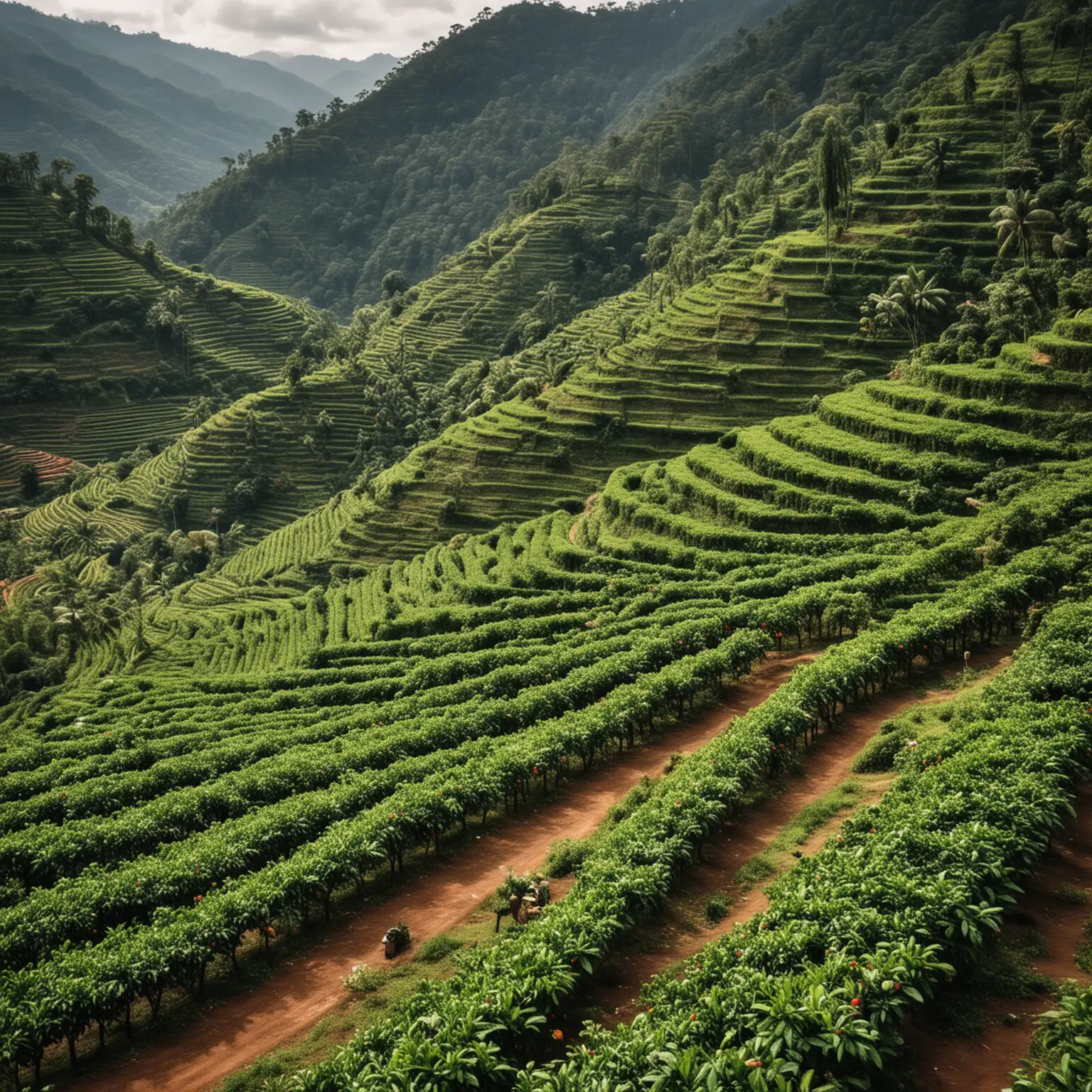 Show me images of coffee plantations in different parts of the world. Show a nice scenary
