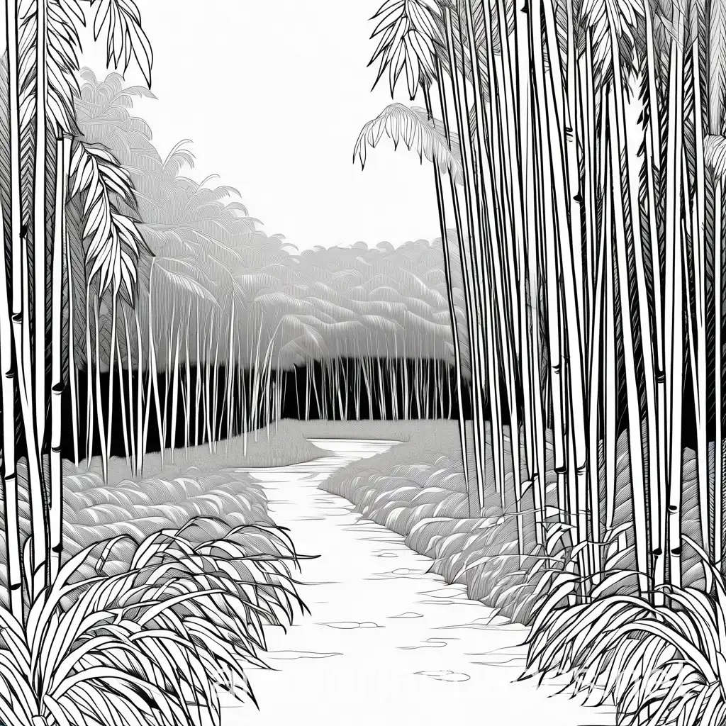 sugarcane garden, Coloring Page, black and white, line art, white background, Simplicity, Ample White Space. The background of the coloring page is plain white to make it easy for young children to color within the lines. The outlines of all the subjects are easy to distinguish, making it simple for kids to color without too much difficulty