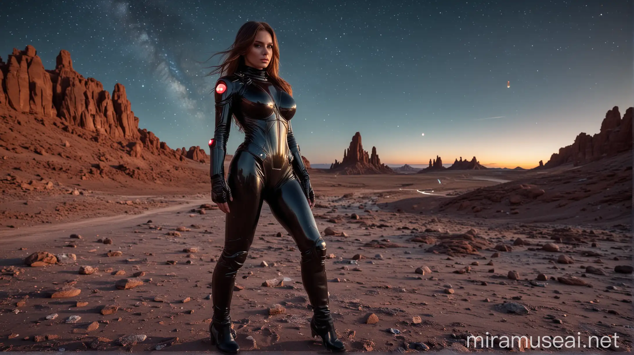 sexy soviet union girl, slim, long hair, wild hair, full body, fitness model, big boobs, wide hips, huge tits, tight spacesuit, armored spacesuit, black shining spacesuit, small colorful glowing parts on spacesuit, sci-fi, night rocky desert, stars in the sky, galaxies, colorful planets