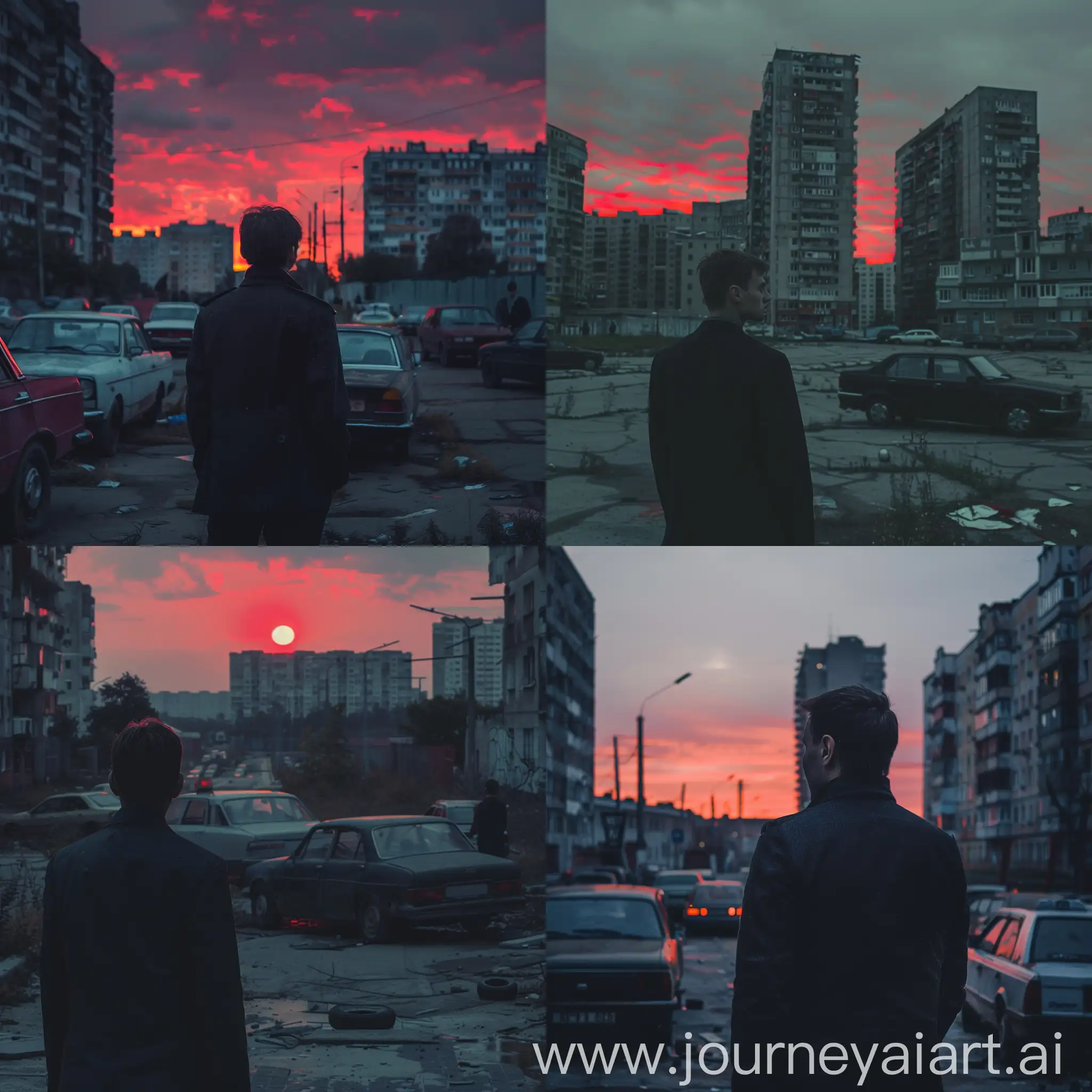 city, people, cars, brutalism, soviet, gloomy, creepy, summer, melancholic, depressive, empty, stock photo, 4k, high quality, guy in a classic suit , black jacket , red glow of the sky, sunset 35 mm lens