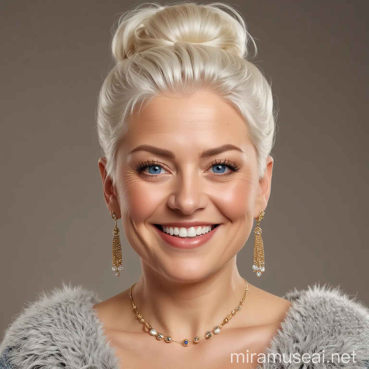 Elegant Mature Woman with White Hair and Gold Jewelry Smiling