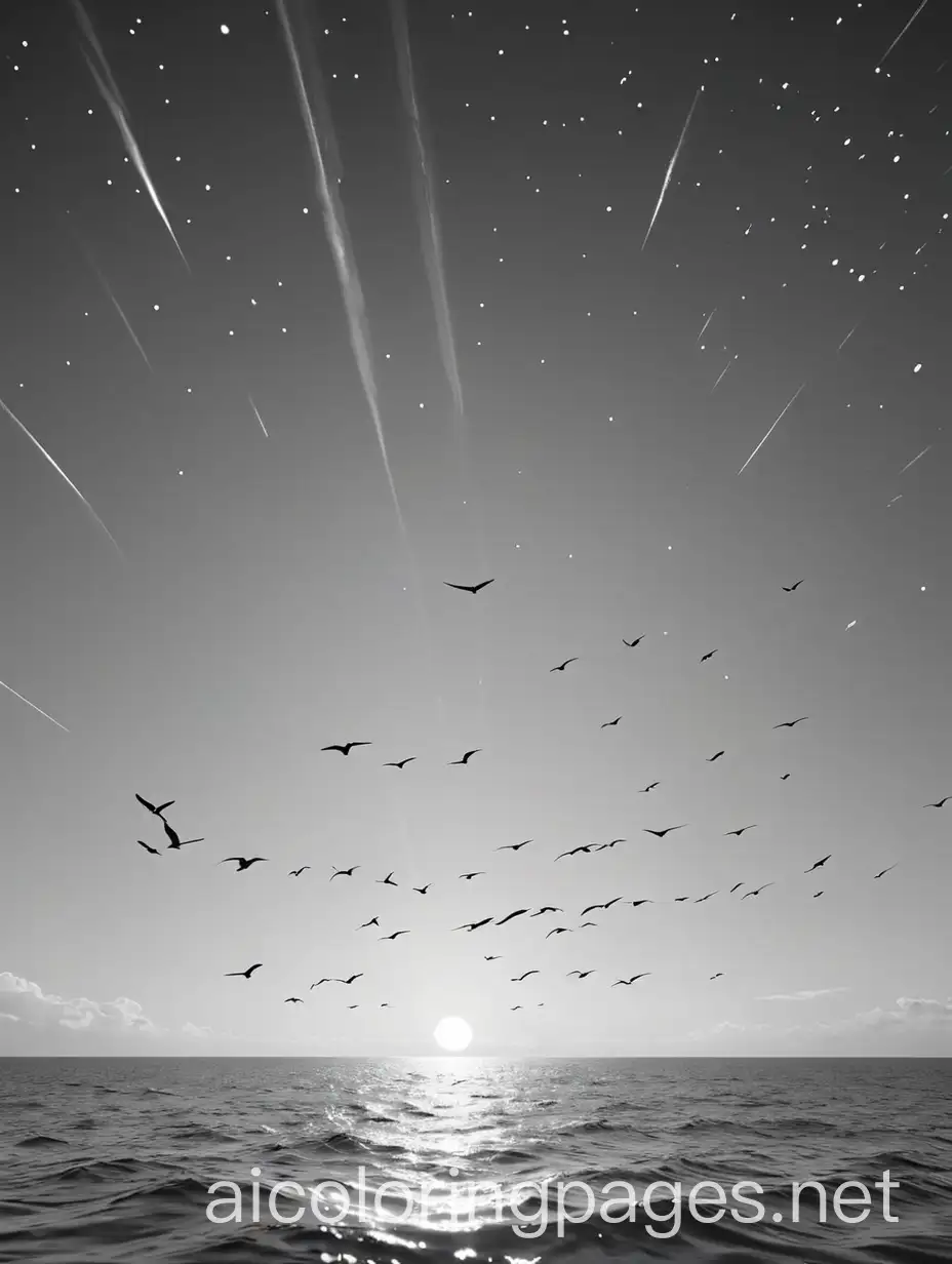 clear sky, smooth sea surface, flying birds, brilliant stars, Coloring Page, black and white, line art, white background, Simplicity, Ample White Space