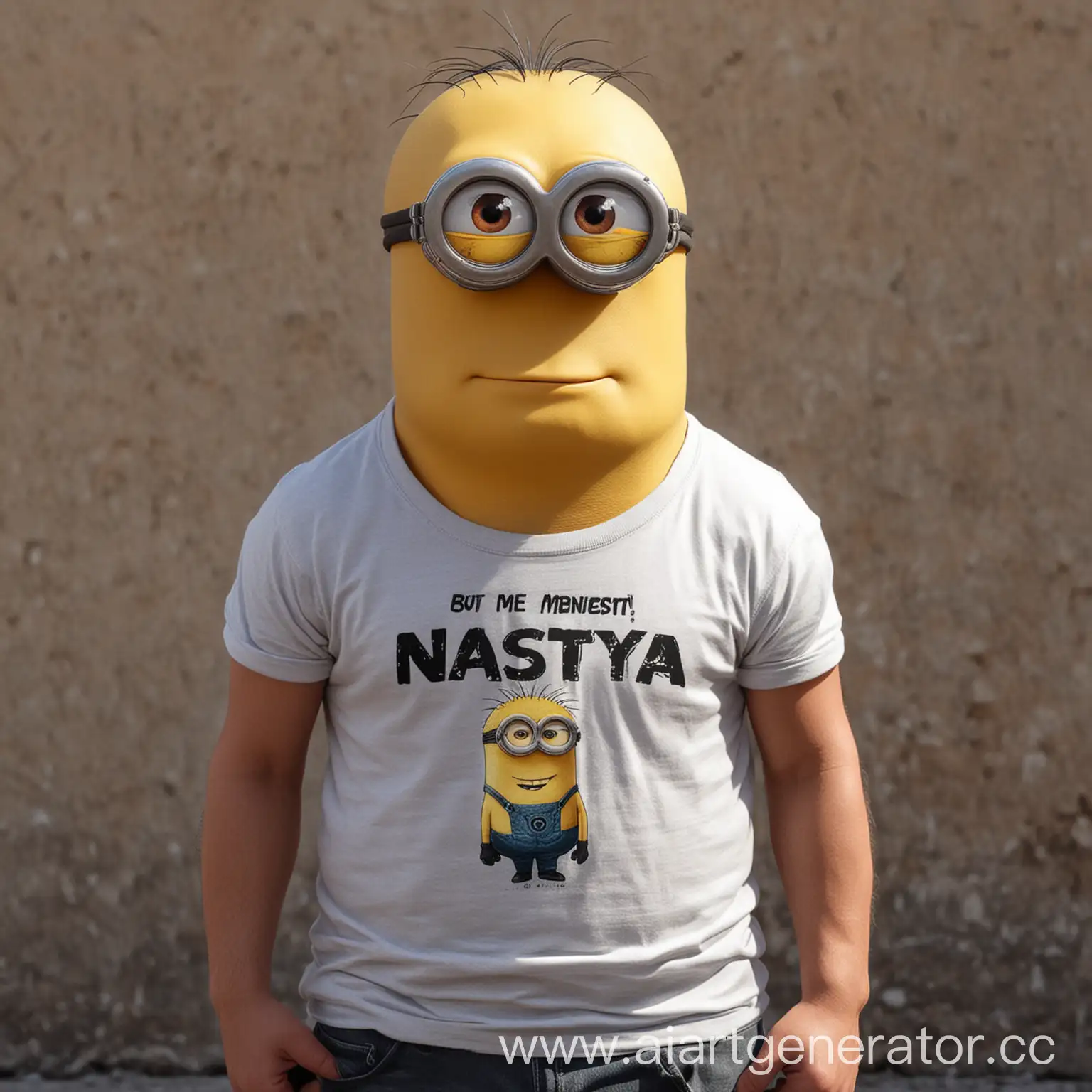 Накаченный большой миньон мужского пола с футболкой, на которой написано Настя
