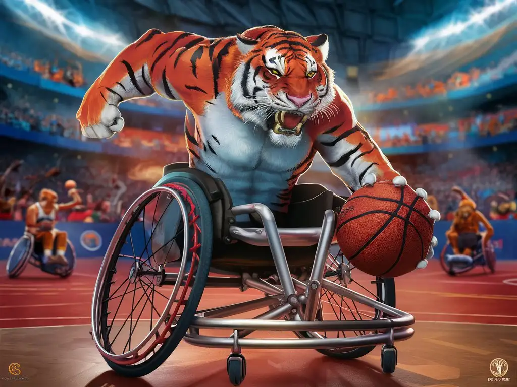 masterpiece,best quality, ultra-detailed, 1 muscular tiger in a wheelchair, the tiger with an angry face, squeezing a basketball in one of his hands, basketball wheelchair.