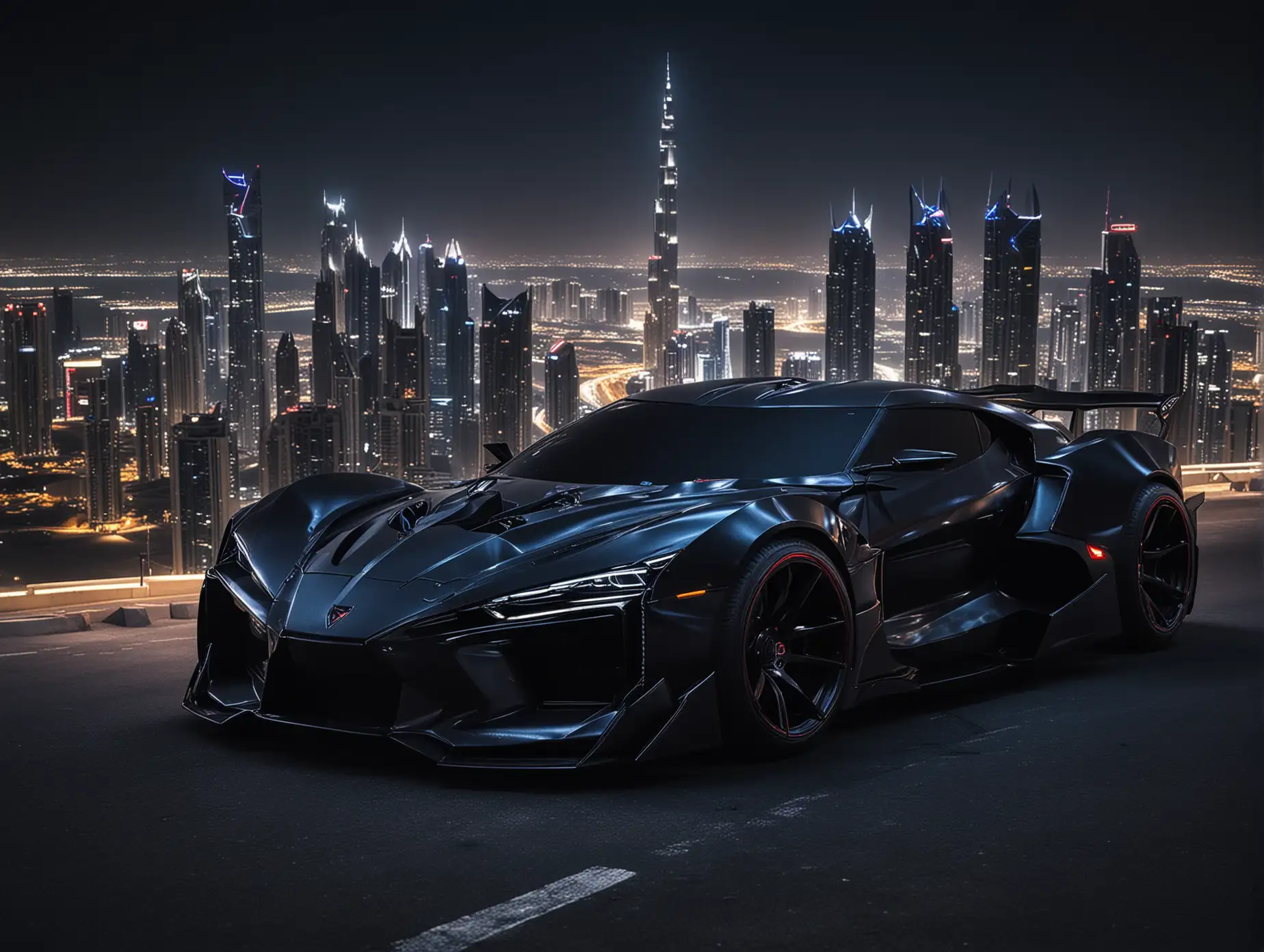 Create  futuristic japanese cars from  lion, tiger, batman & spiderman evil tuning type Downhill in the city of dubai rear view from high far away,  car color dark black,  dark blue car lights