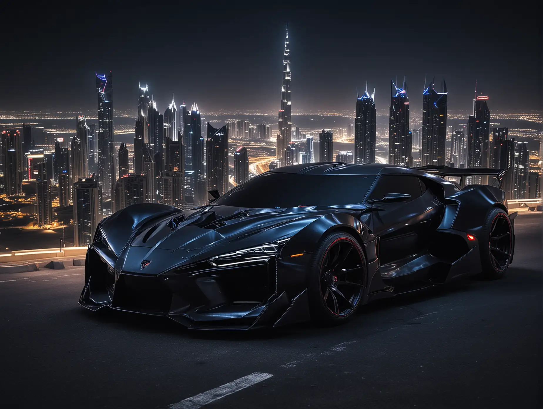 Create  futuristic japanese cars from  lion, tiger, batman & spiderman evil tuning type Downhill in the city of dubai rear view from high far away,  car color dark black,  dark blue car lights 