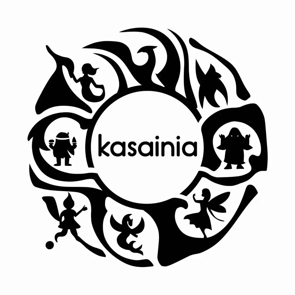 logo in the shape of circle 
write kasainia in the center of the circle 
On the edge of the circle black and white simple symbols of one of each : mermaid, phoenix, ogre, dwarf, elf and fairy 