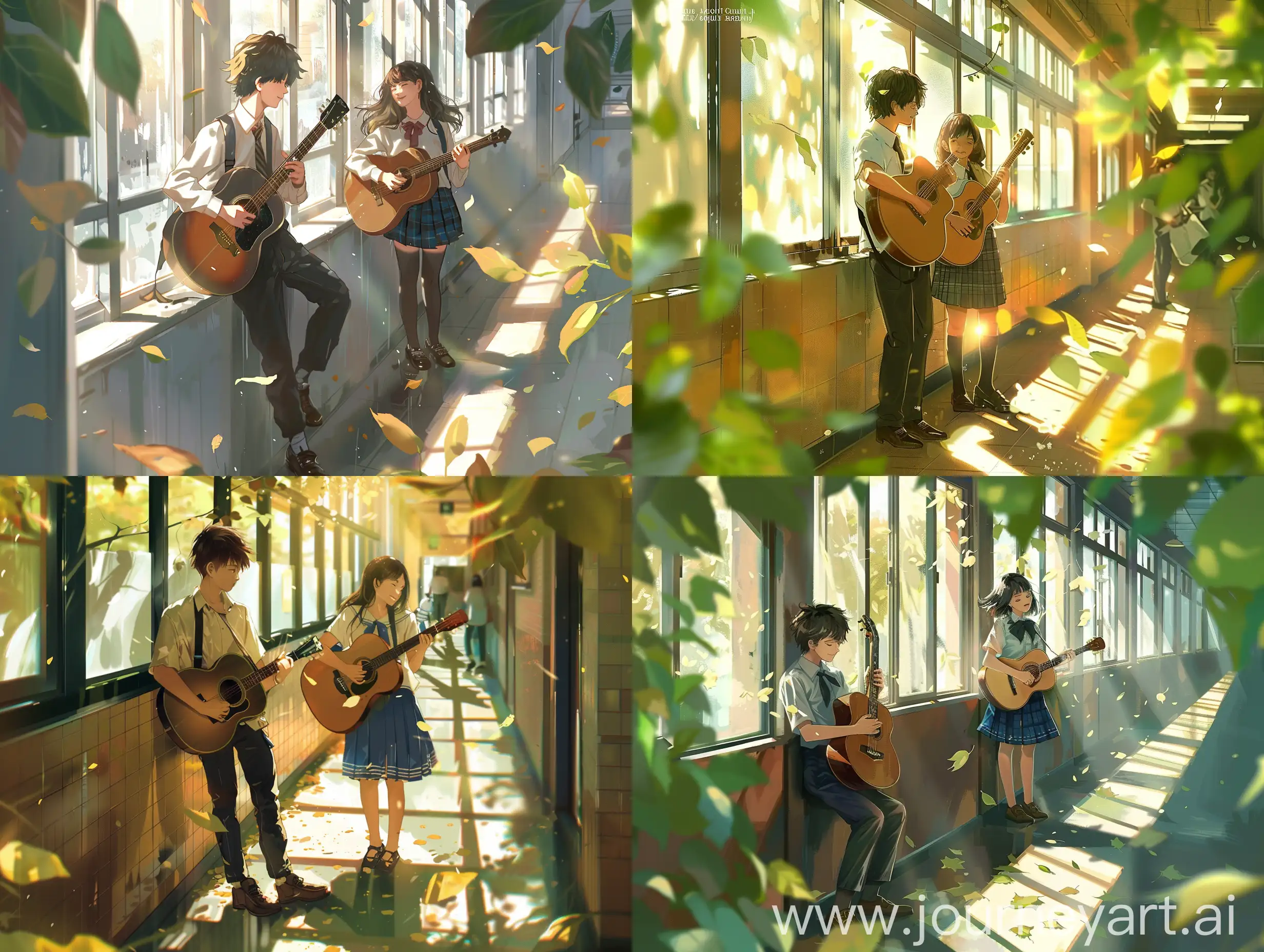 Youthful-Serenade-High-School-Couple-Playing-Guitars-in-Sunlit-Campus-Corridor