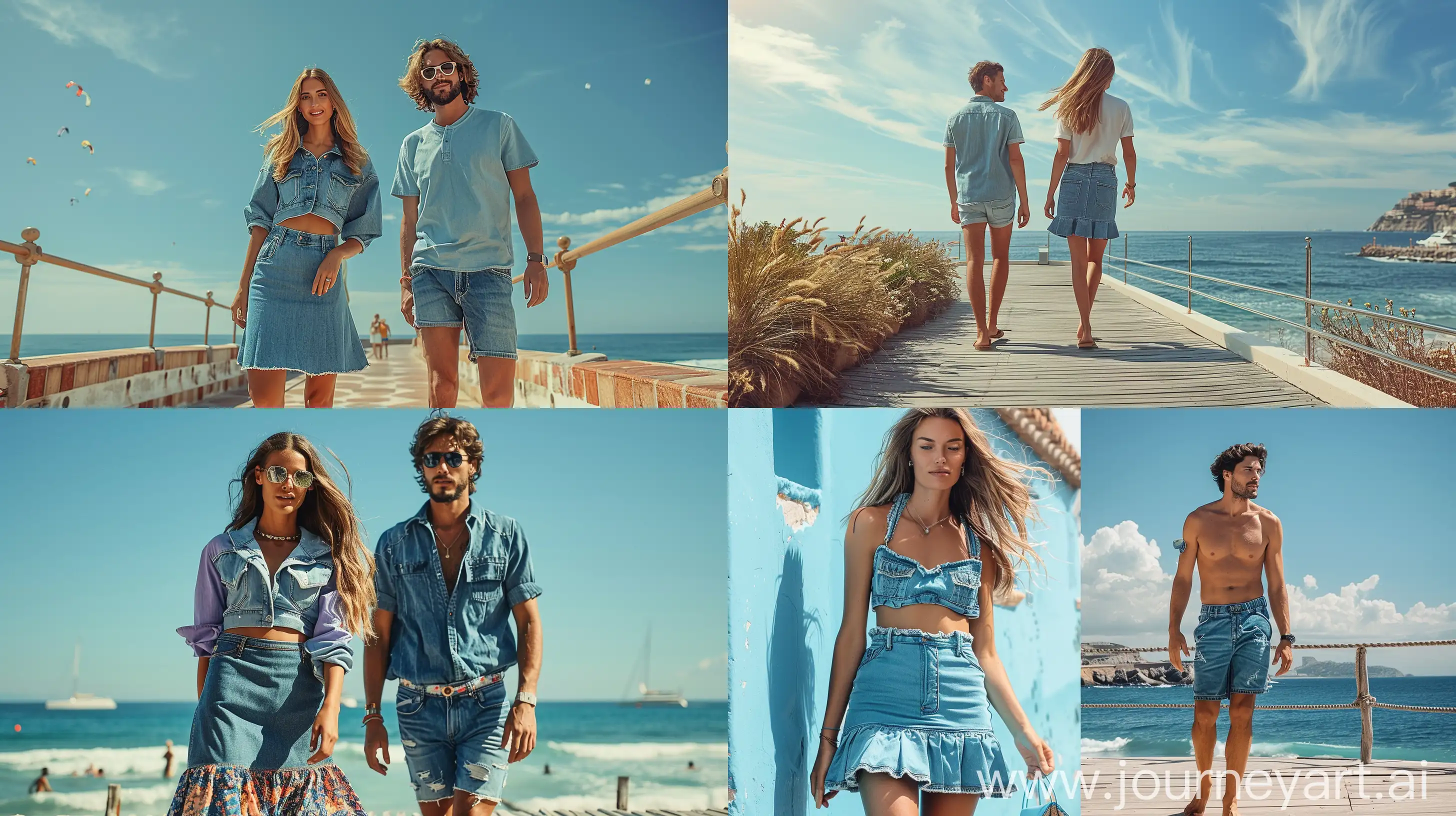 An image of a woman and a man strolling on a beach boardwalk, the woman in a denim skirt and the man in denim shorts, both showcasing relaxed summer fashion with a sea backdrop. --stylize 300 --ar 16:9 --style raw