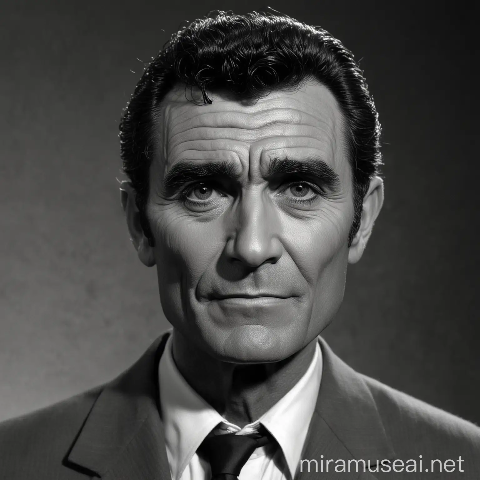 Realistic Portrait of Rod Serling in a Surreal Setting
