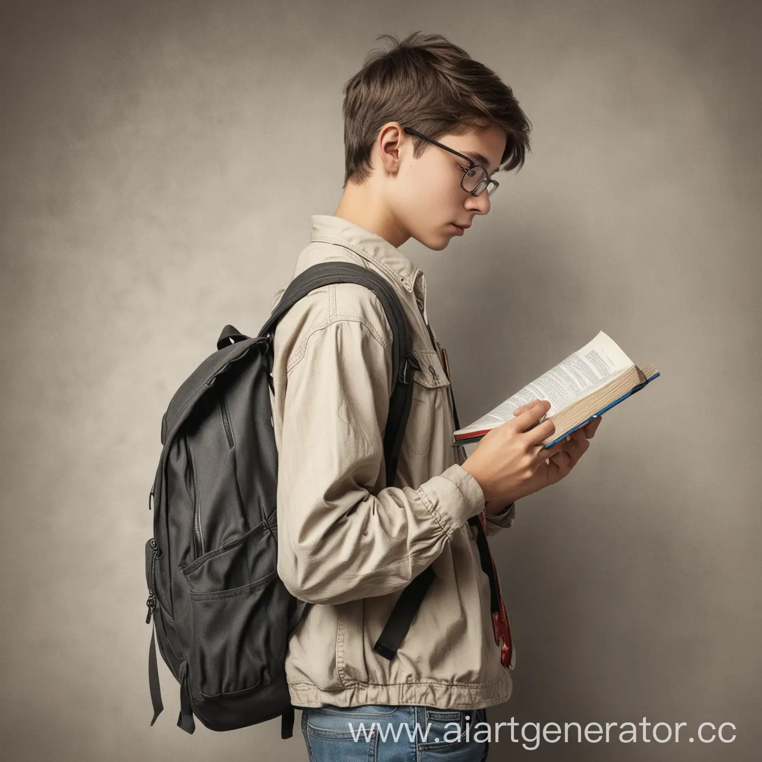 подросток с рюкзаком сбоку читающий книгу нарисованный карандашом