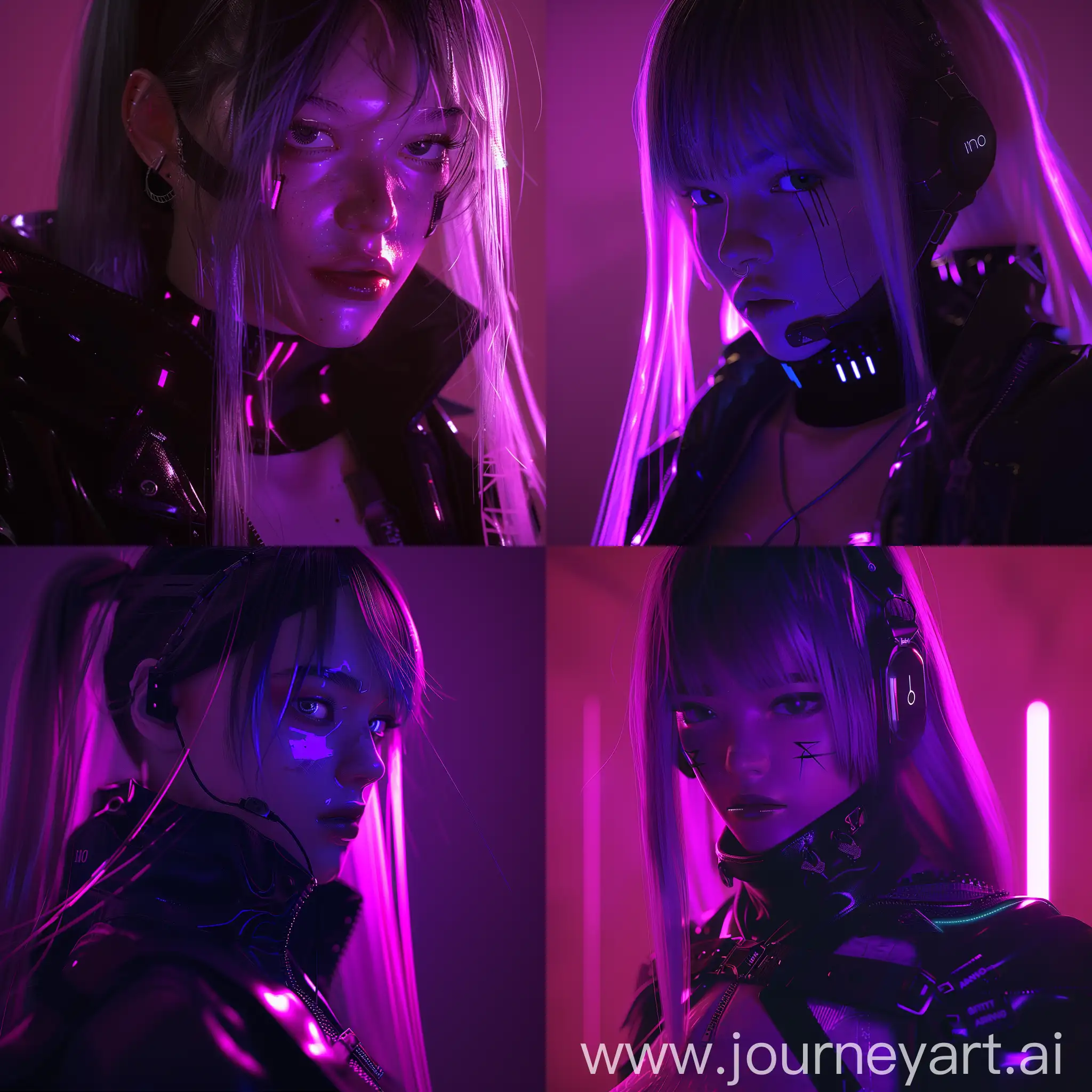 a close up of a person, cyberpunk art, inspired by INO, trending on cg society, neoism, fine details. girls frontline, character pandora, 8k octae render photo, purple glow
