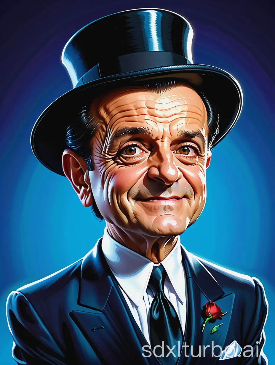 A (((vividly caricatured Joe Pesci))) with exaggerated features indicative of classic mob style, dressed in a ((sharp tuxedo)) complete with top hat