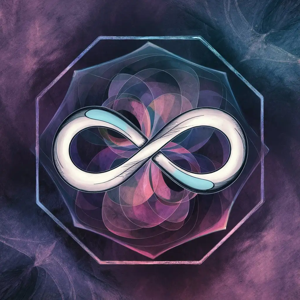 create an image that features the infinity symbol, to emphasize continuous flow and balance. This symbol is placed inside an octagon with eight sides and eight angles, symbolizing the bridge between the material and spiritual worlds.