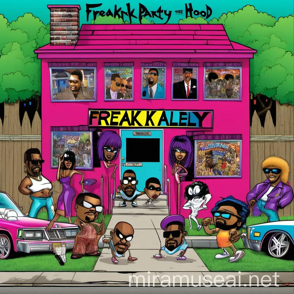 Freaknik party alley in the hood album cover movie cover in 2014 mid 2010s era cartoon model fancy house