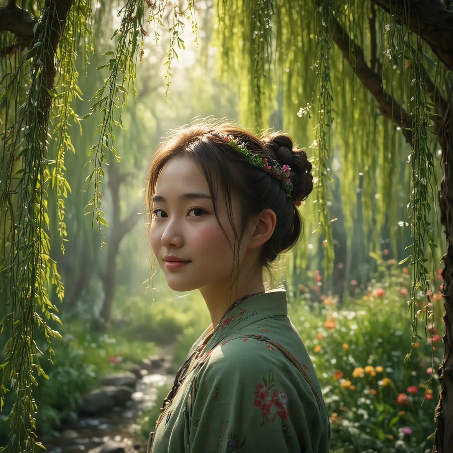 Chinese-Girl-in-Misty-Forest-with-Willow-Tree-Grove-and-Colorful-Flowers