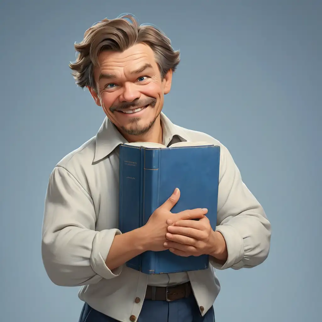 Color image in 3d animation style, realism. Russian writer Maxim Gorky hugs a blue-and-white book with both hands. He is smiling, radiant, he is very happy. WE see him in full height, with arms and legs. 
