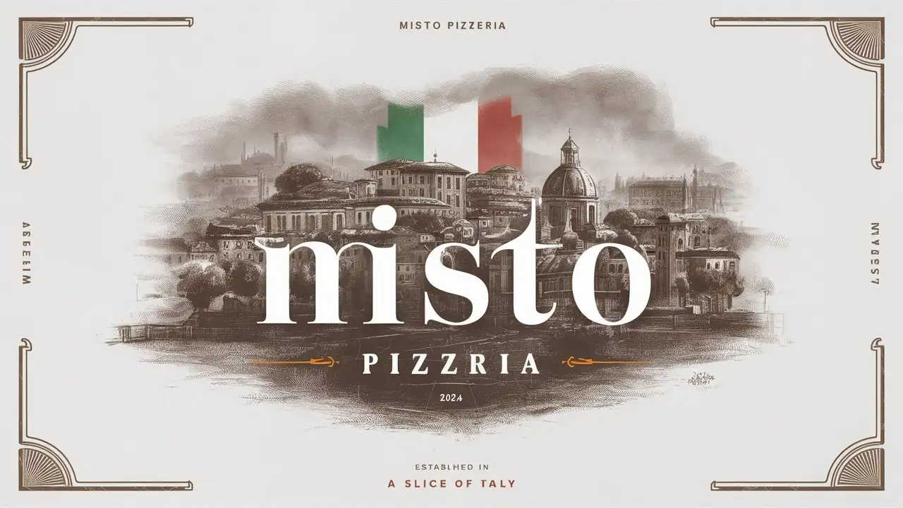 Misto Pizzeria , Letter mark , Minimal , Edge decoration, Italian colors, EST 2024 , Italy flag , Vintage, Slogan, Slice of Italy, Sketched Italian City, Old School, Classic, White back ground, Foggy cloudy atmosphere
