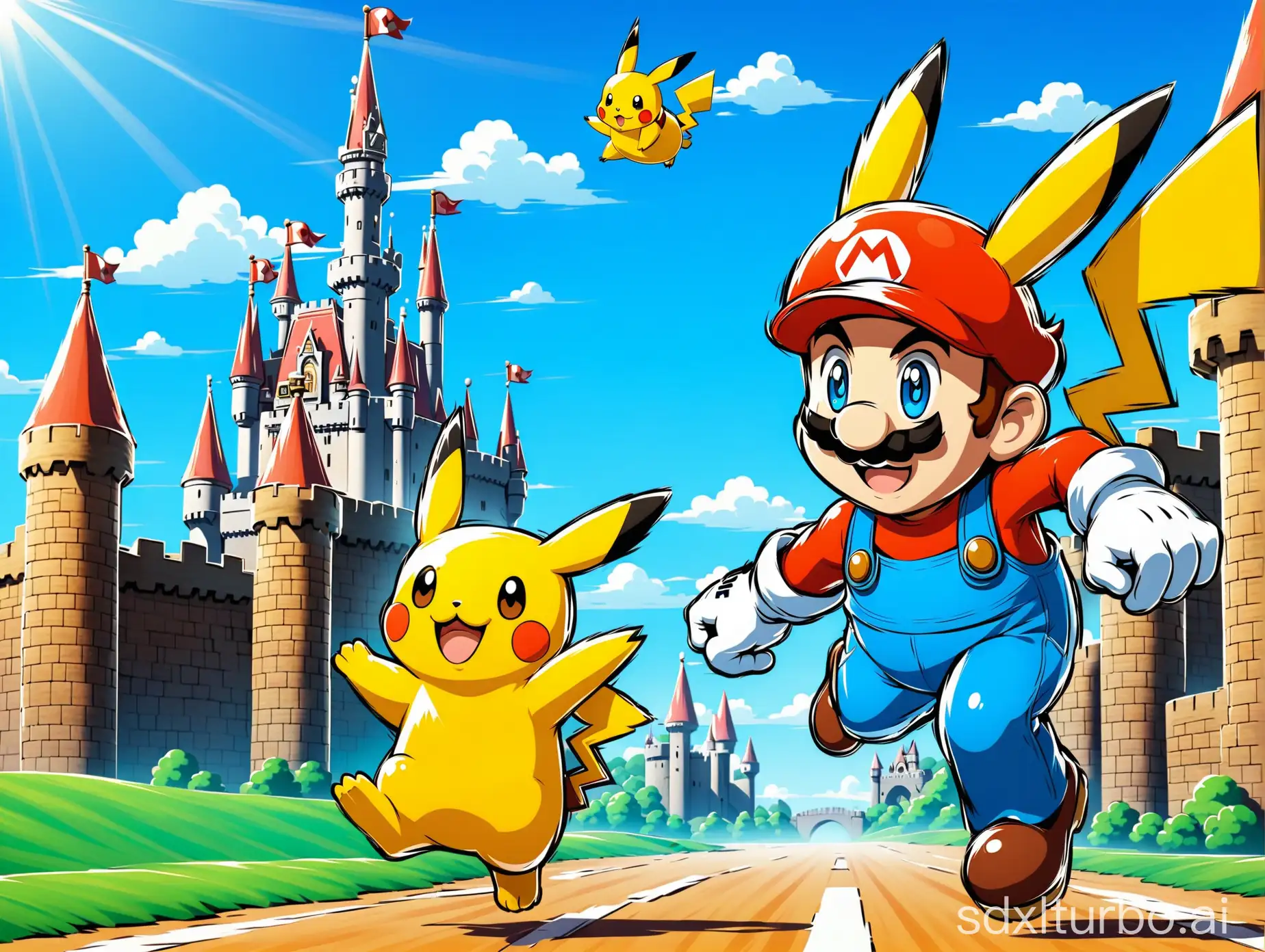 Super mario is running with Pikachu to the castle to save the princess, blue sky
