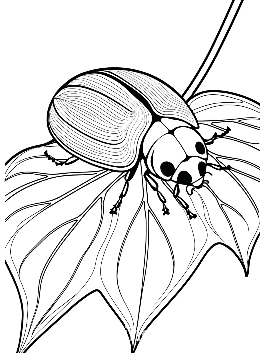 A ladybug with distinct black spots on its white wings, sitting on a leaf.n a white space bar down, Coloring Page, black and white, line art, white background, Simplicity, Ample White Space. The background of the coloring page is plain white to make it easy for young children to color within the lines. The outlines of all the subjects are easy to distinguish, making it simple for kids to color without too much difficulty