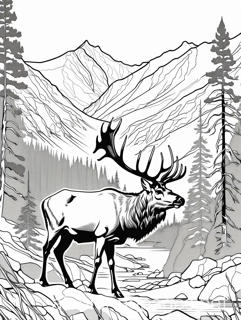 rocky mountain national park with elk, Coloring Page, black and white, line art, white background, Simplicity, Ample White Space. The background of the coloring page is plain white to make it easy for young children to color within the lines. The outlines of all the subjects are easy to distinguish, making it simple for kids to color without too much difficulty