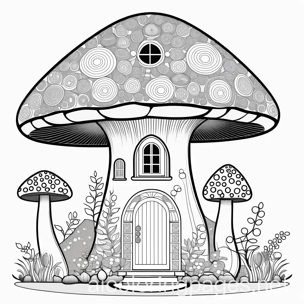 Giant Mushroom House: A large mushroom with windows and a door, creating a whimsical house. The cap of the mushroom has intricate geometric patterns, and the ground is adorned with circle and triangle shapes., Coloring Page, black and white, line art, white background, Simplicity, Ample White Space.