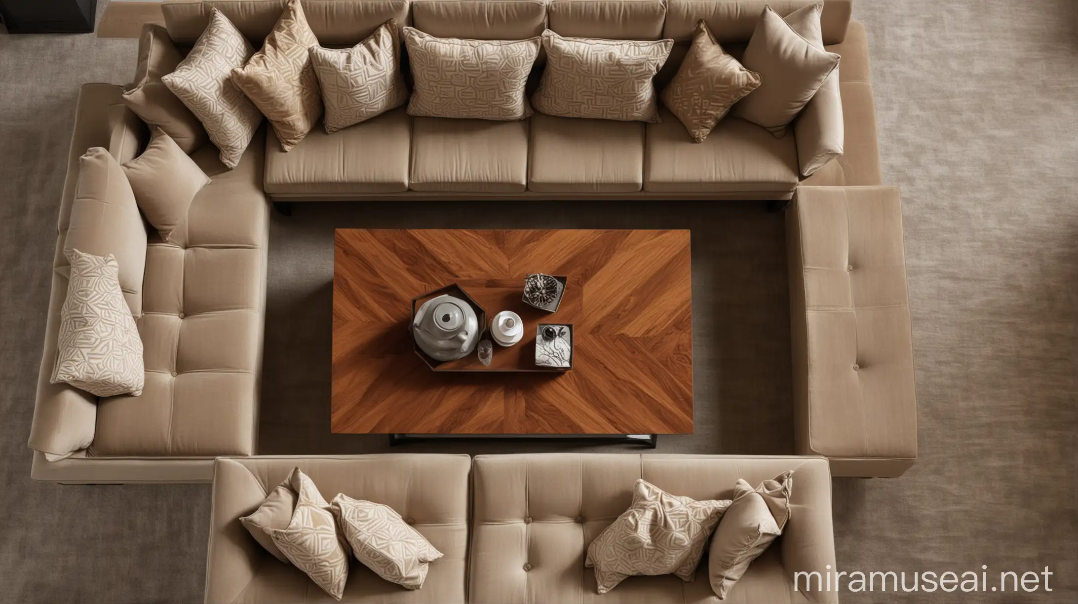A high-angle shot looking down on the coffee table and sofa, creating a sense of spaciousness and emphasizing the geometric shapes of the furniture.