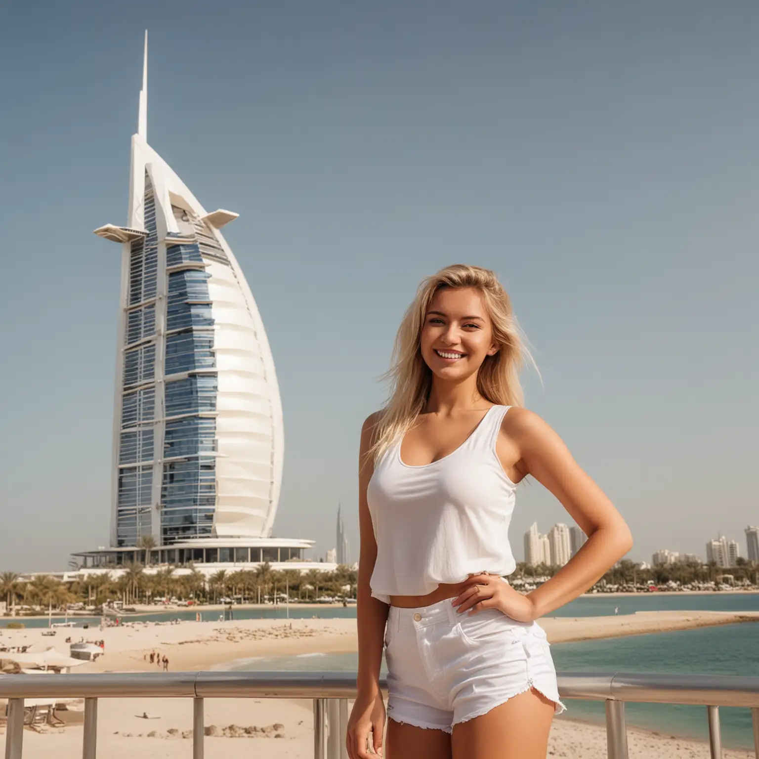 beautiful Polish woman, smiling with a lovely tan extra large sized natural breasts, long legs, and blond hair wearing a white tank top and classy dressy shorts standing in front of the Burj Al Arab 7-Star Hotel in Dubai with no other structures in sight.
