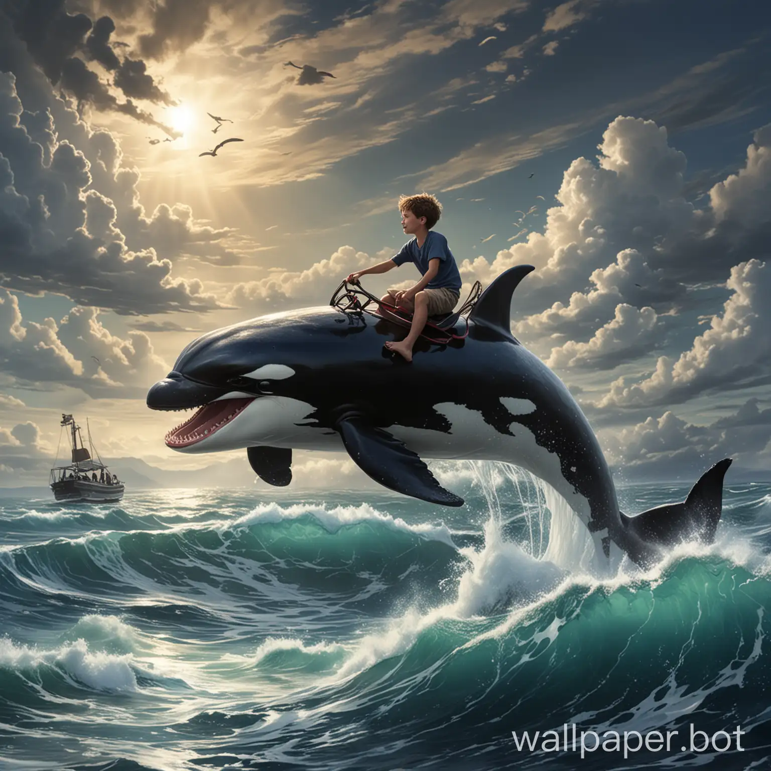A boy sits on a killer whale riding the wind and waves