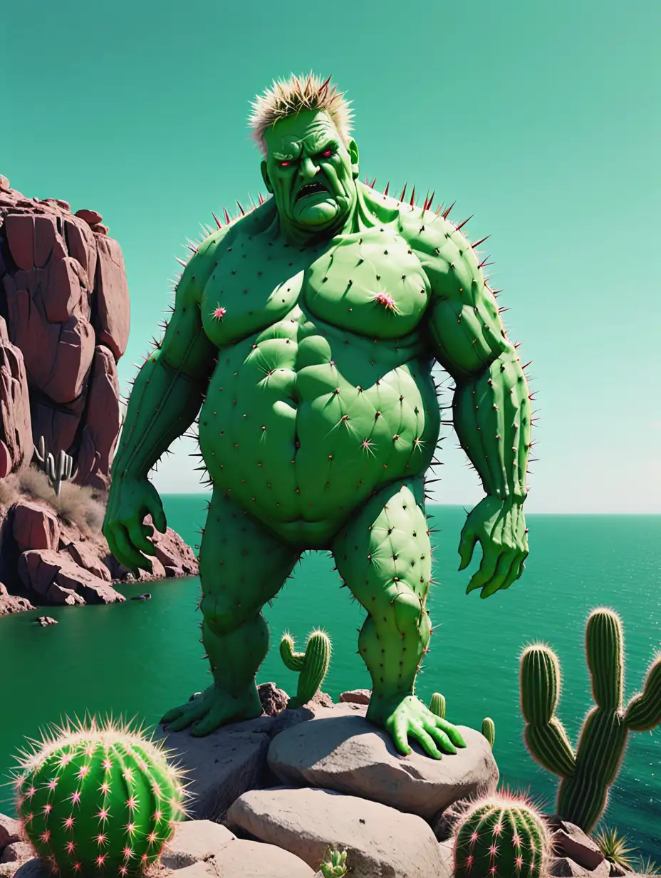 Menacing Green Giant Standing on Rocky Shore Amid Thorny Cactus 4K