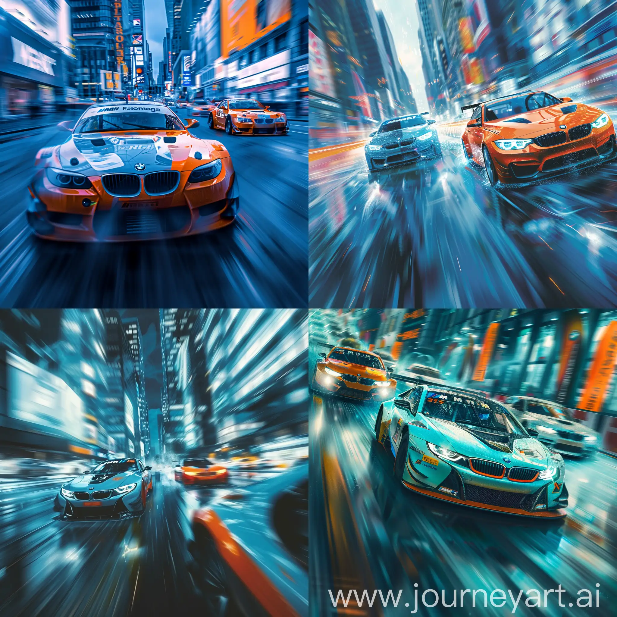 Сцена уличной гонки : автомобили bmw, движущиеся на высокой скорости по мегаполису. Используйте технику динамической размытости и цветовой контраст, подчеркивая холодные синие и горячие оранжевые оттенки для создания ощущения скорости и технологичности