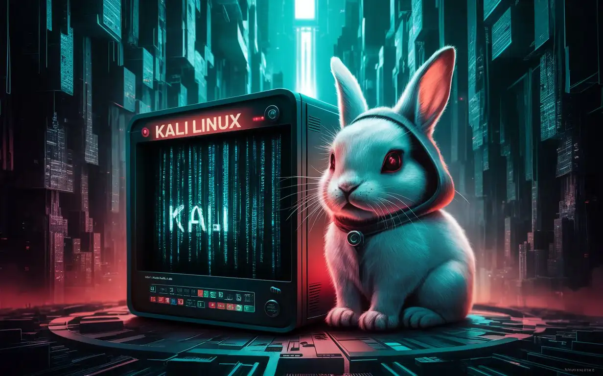 kali linux,matrix style,small vampiric white bunny,
