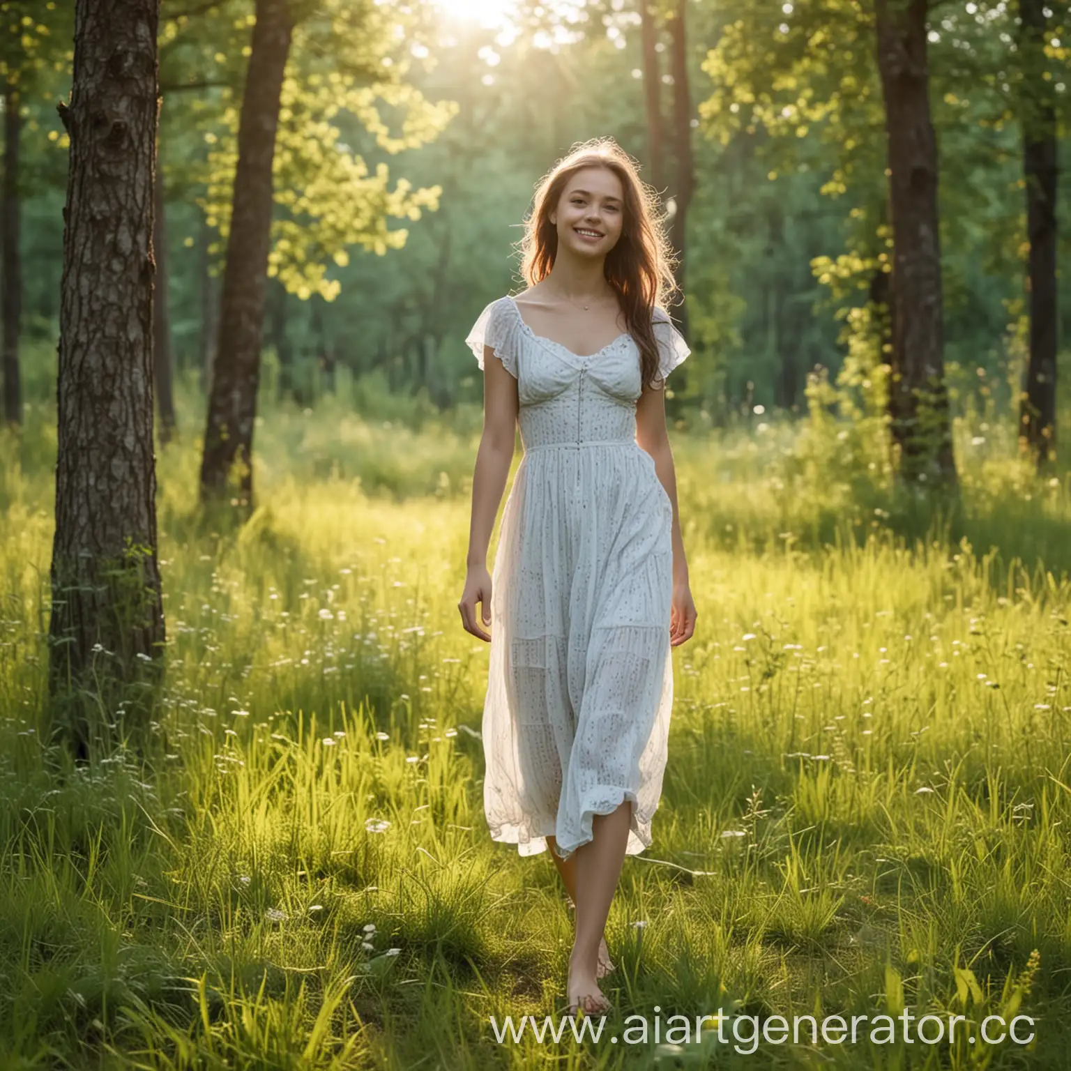 девушка  24 лет гуляет на поляне рядом с лесом  летним  утром. у нее прямая осанка и мягкая улыбка