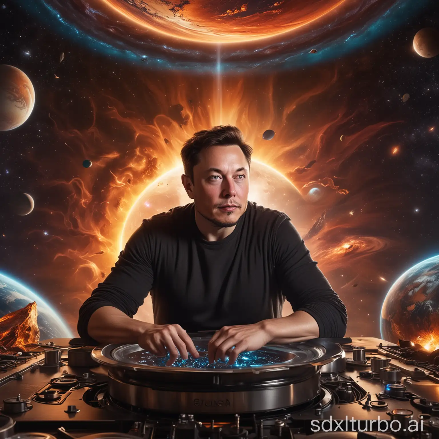Zoom in on Elon Musk's face as he leans over a cosmic stove, his expression a mix of concentration and anticipation. Musk's eyes shine with a sense of wonder as he experiments with otherworldly ingredients, his face bathed in the warm glow of a futuristic kitchen. Behind him, a swirling nebula and distant planets serve as a backdrop, symbolizing Musk's quest to unlock the mysteries of the universe through food and innovation. Rendered in breathtaking 4K and 8K resolution, this hyperrealistic portrait captures Musk's visionary spirit and his relentless pursuit of a brighter tomorrow.