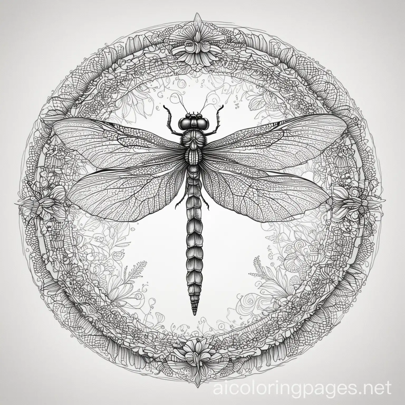 Dragonfly mandala, Coloring Page, black and white, line art, white background, Simplicity, Ample White Space