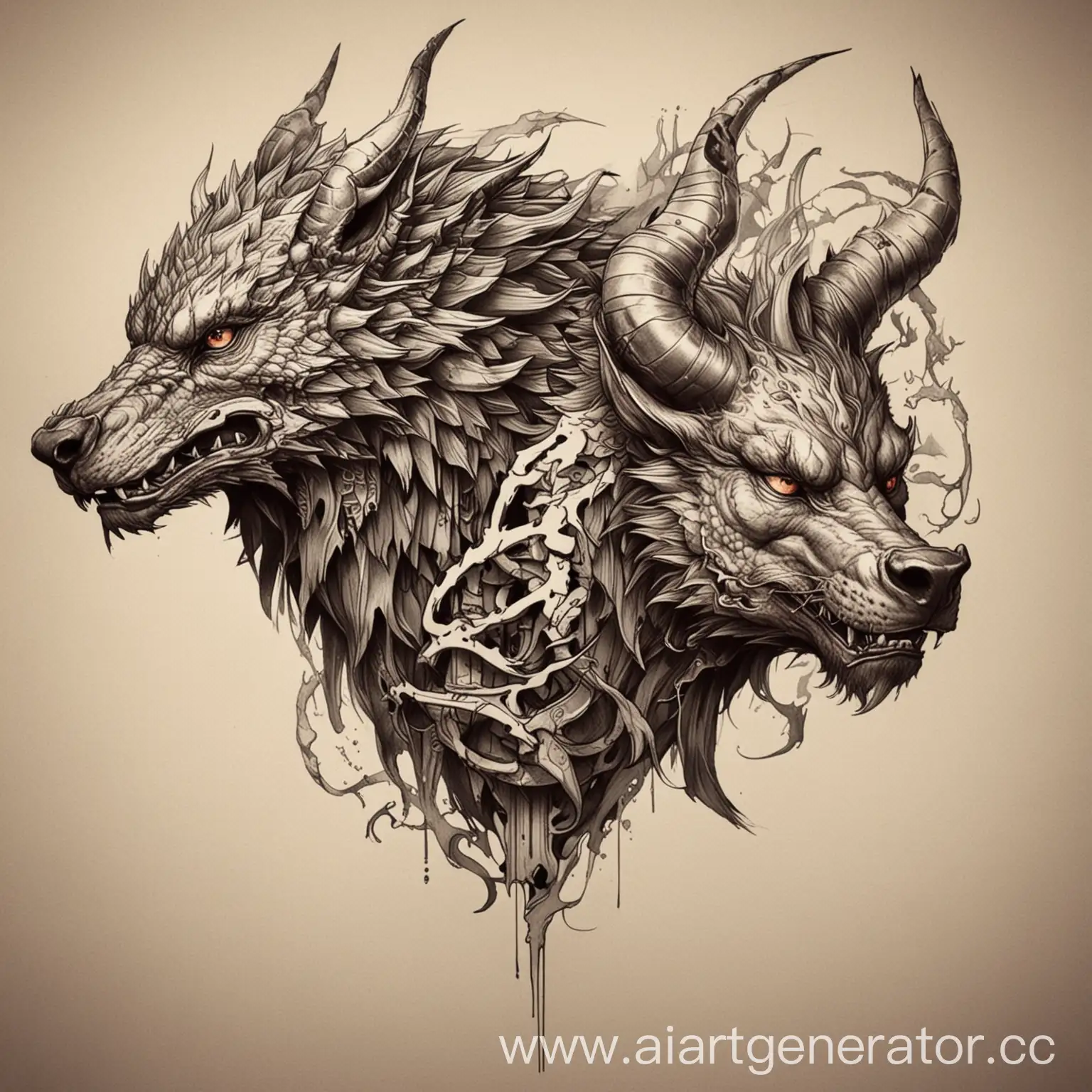 Объедени в одно Животное Дракона, Волка и быка. Это должен быть эскиз для татуировки
